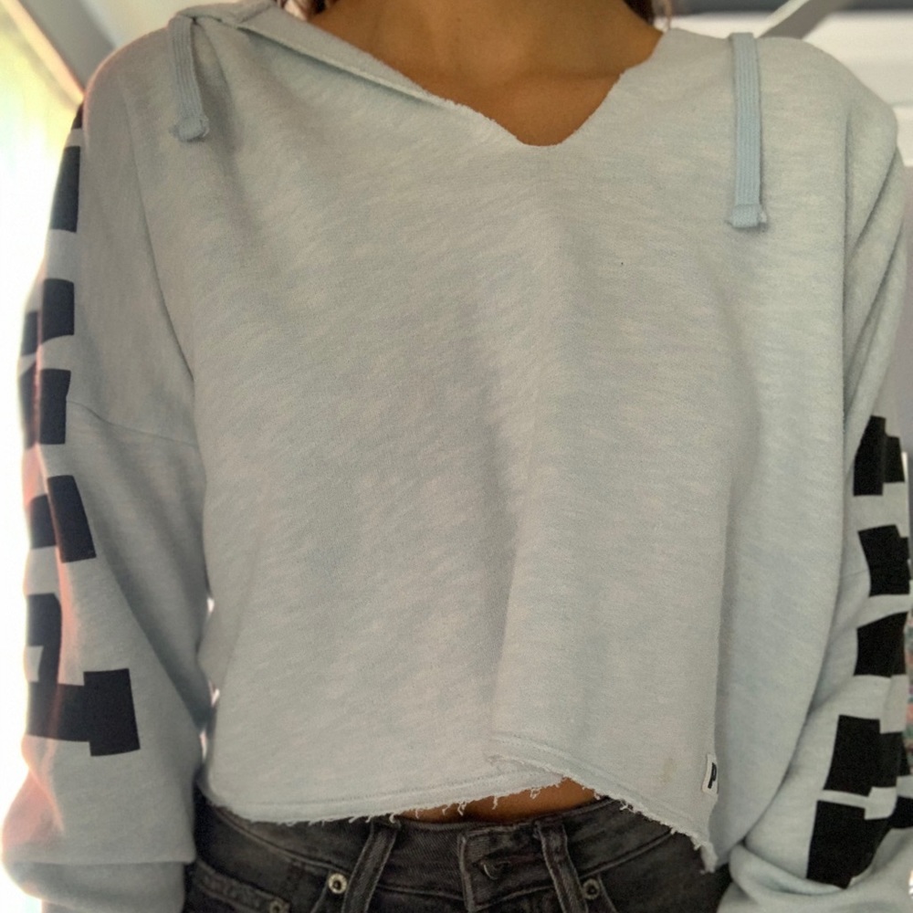 blue cropped pink sweatshirt
